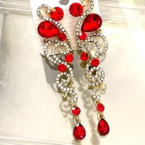 Red and Clear Swirl Pattern Long Earrings
